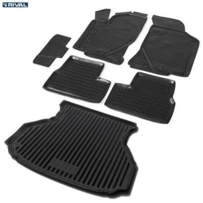 Комплект ковриков салона и багажника Lada Granta 2018- полиуретан черные Риваль